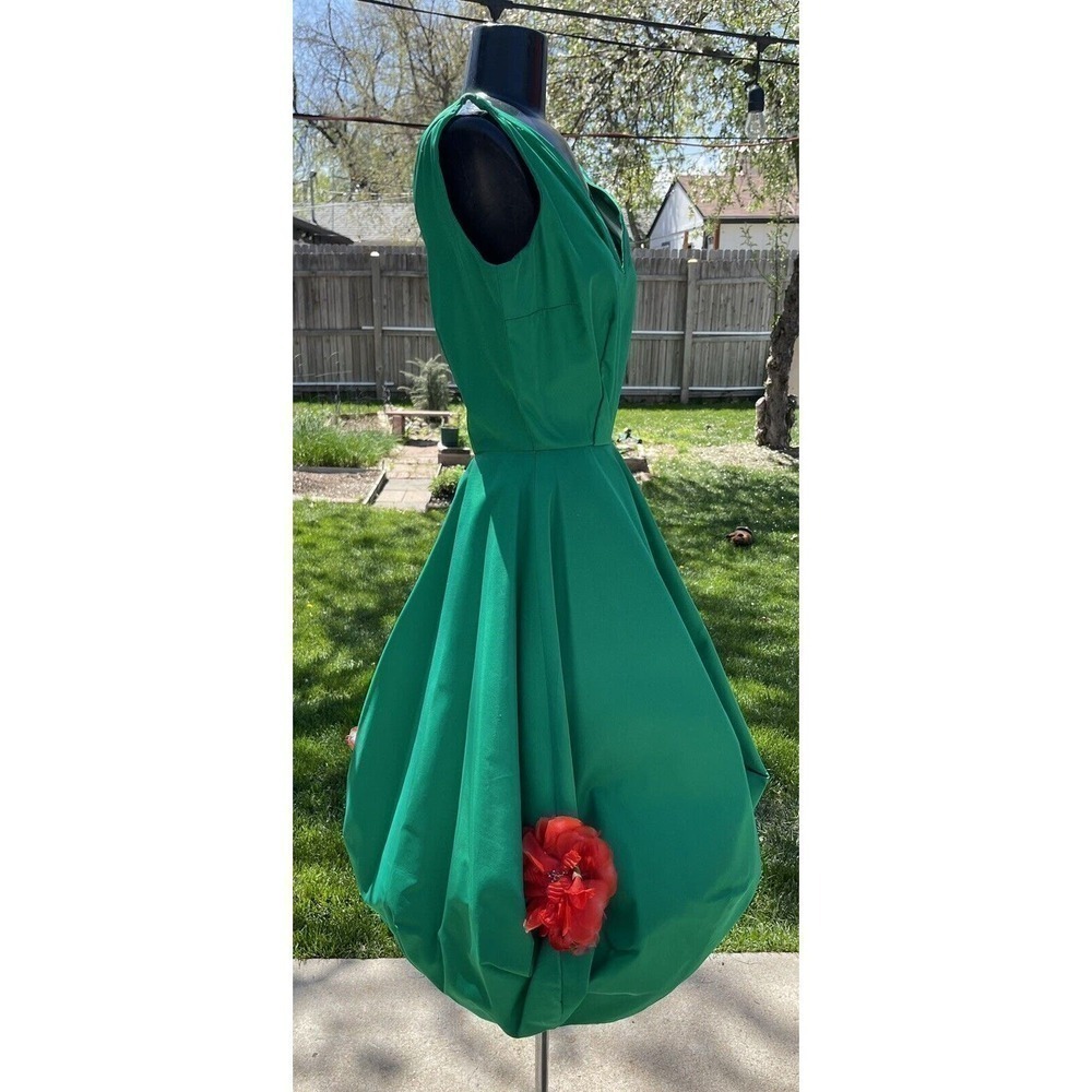 Vtg 50s Bubble Hem Cupcake Cocktail Dress Emerald Red Rose Accents Size 0 2 Prom - Picture 4 of 12